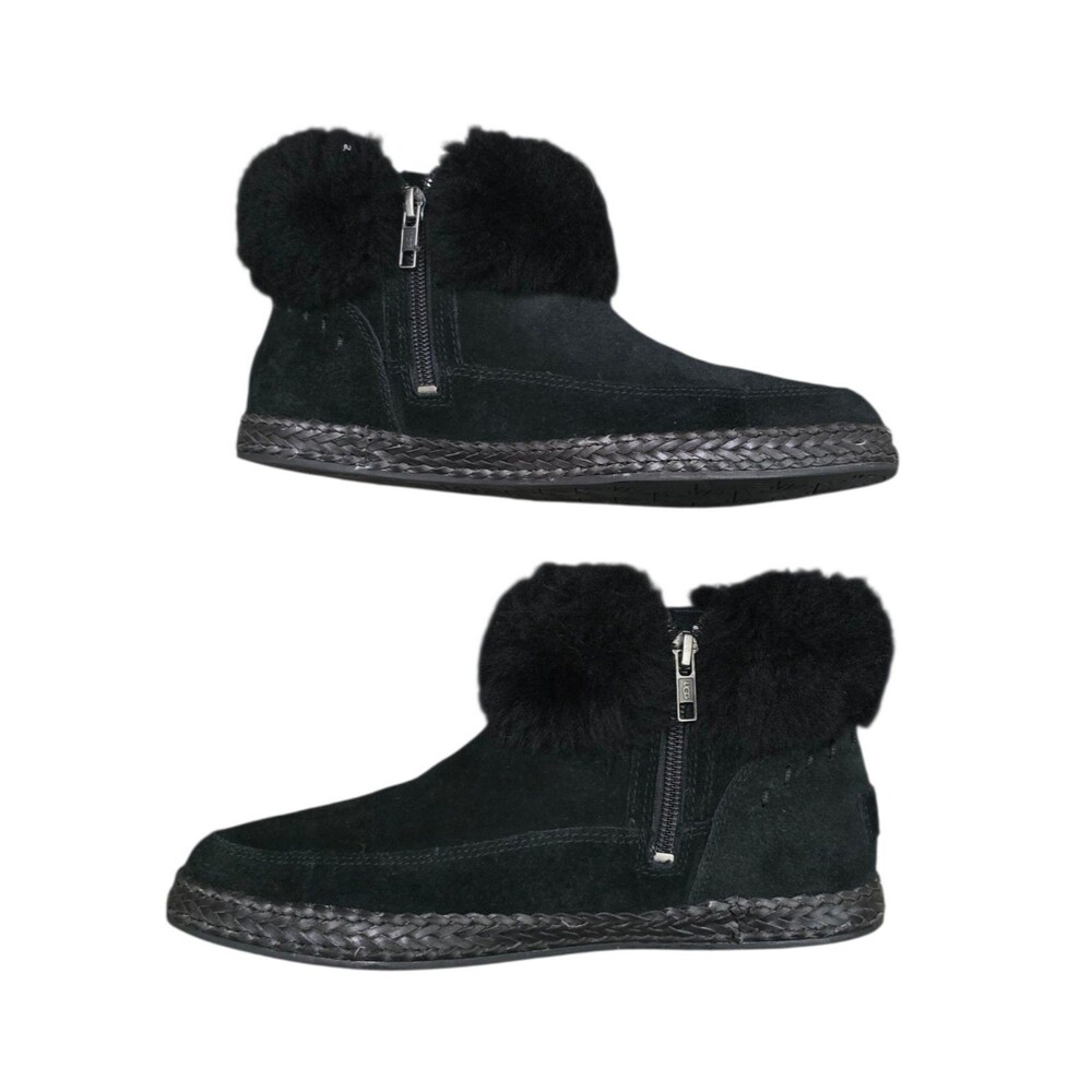 UGG Elowen Boots Womens Size 7.5 Black Shearling Suede Ankle Zip Bootie